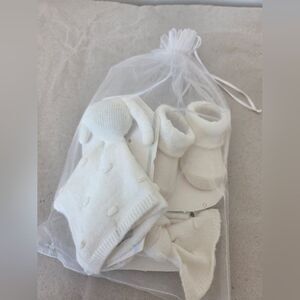 3 Piece White Knit Baby Girl Gift Set Socks Bow Lovey Rattle Shower Christening